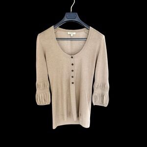 Burberry London Womens Taupe Brown Knit Henley Top Pleated 3/4‎ Sleeve Size M